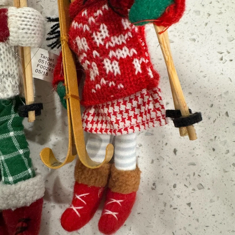Target brand Christmas ornaments- 2 knit skiers red green white